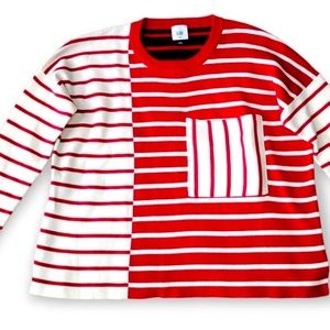 CAbi Mixed Stripe Red White Black Pocket Pullover Sweater Size XL, EUC